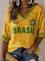 Damen Brasilien Fußballfan Geschenk Bedrucktes Halbarm V-Ausschnitt T-Shirt