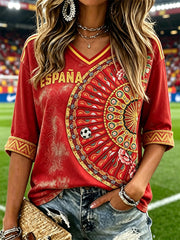 Damen Spanien Blumen Fankunst & Fußball-Print Halbarm V-Ausschnitt T-Shirt