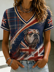 Britischer Damen-T-Shirt mit V-Ausschnitt und Print