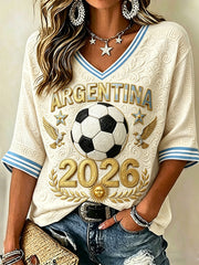 Damen Argentinien Fußball Inspiriertes T-Shirt mit V-Ausschnitt und mittellangen Ärmeln