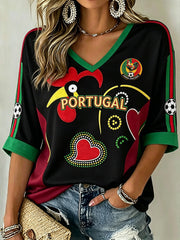 Damenfußball-Element Color-Blocking Design Lässiges Mid-Length Ärmel V-Ausschnitt T-Shirt