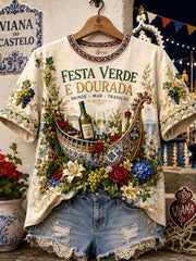 Damen Festas d'Agonia Portugal T-Shirt aus Leinen mit Kunstdruck
