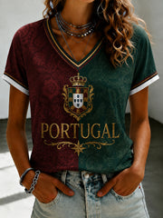 Women's Portuguese Football Printed V-neck T-shirt