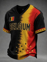 Herren Belgien Fußball Waffel Kurzarm V-Ausschnitt T-Shirt