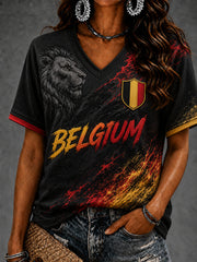 Damen Belgien Fußball Kurzarm V-Neck T-Shirt