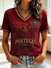 Damen-T-Shirt mit V-Ausschnitt und Portugal-Fußballmotiv