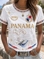 Damen Panama Fußball-Print Freizeit-T-Shirt