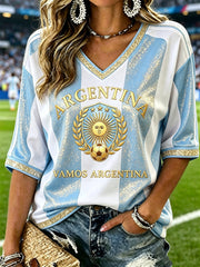 Damen Vamos Argentina Fußball Glitzer Flaggen-Colorblock-Druck Halbarm V-Ausschnitt T-Shirt