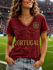 Portugal Fußball T-Shirt mit V-Ausschnitt für Damen mit Aufdruck