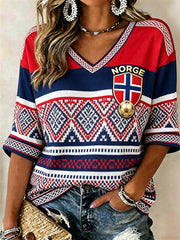 Women's Norway Football Marius Pattern Flag Colorblock Print Mid-length Sleeves V-Neck T-Shirt
