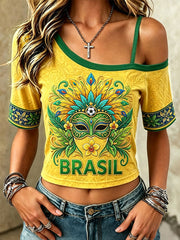 Women's Brazilian Football Print One-Shoulder T-Shirt