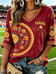 Women's Spain Football Traditional Fan Floral Print Mid-length Sleeves V-Neck T-Shirt