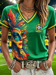 Women's Brazilian Football Inspired Print Short-sleeved T-shirt