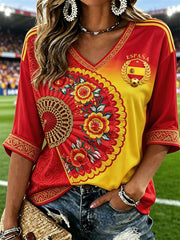 Women's Spain Football Floral Fan Flag Gradient Print Mid-length Sleeves V-Neck T-Shirt