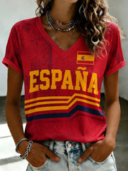 Women's Spanish Football Printed V-neck T-shirt