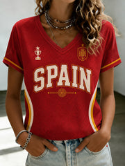 Women's Spanish Football Printed V-neck T-shirt