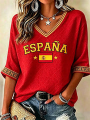 Women's Spain Football Inspired Pattern Print Mid-length Sleeves V-Neck T-Shirt