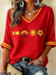 Women's Spain Football Inspired Print Mid-length Sleeves V-Neck T-Shirt