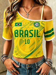 Women's Brazilian Football Print One-Shoulder T-Shirt
