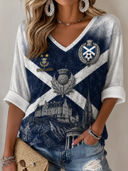 Women's UK Football Lover Scotland Printed Mid-length Sleeves V-Neck T-Shirt