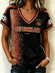 Women's red and black clash color design football pattern element casual short-sleeved T-shirt