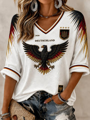 Women's Germany Football Printed Mid-length Sleeves V-Neck T-Shirt