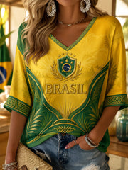 Women's Brasil Print Casual Half-Sleeves V-Neck T-Shirt
