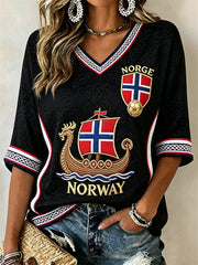 Women's Norway Football Viking Ship Celtic Knot Flag Inspired Print Mid-length Sleeves V-Neck T-Shirt