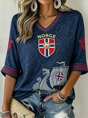 Women's Norway Football Fan Mid-length Sleeves V-Neck T-Shirt