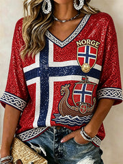 Women's Norway Football Viking Ship Celtic Knot Flag Glitter Print Mid-length Sleeves V-Neck T-Shirt