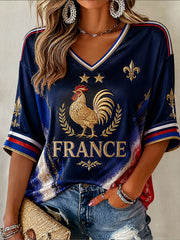 Women's France Mid-length Sleeves V-Neck T-Shirt
