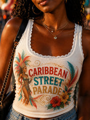 Women's Caribbean Carnival Print Lace Trim Tank Top