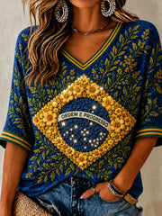 Women's Brazil Football Fan Gift Art Mid-length Sleeves V-Neck T-Shirt