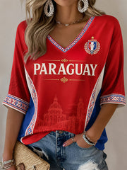 Women's Gift For Paraguay Football Fans Casual Half-Sleeve V-Neck T-Shirt