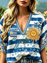 Women's Uruguay 2026 Embroidered Cotton Linen Shirt