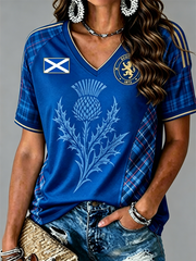 Women's SCOTLAND Printed V-neck off-shoulder short-sleeved T-shirt