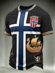 Men's Norway Football Viking Ship & Dragons Celtic Flag Colorblock Print short sleeves t-shirt
