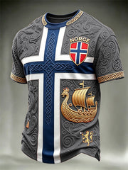 Men's Norway Football Viking Ship & Dragons Celtic Flag Colorblock Print short sleeves t-shirt