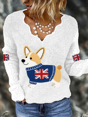 Women's Cute Corgi Union Jack Print Casual Long Sleeve Top