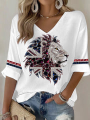 Women's British imitation diamond hot-drilling Printed Casual T-shirt