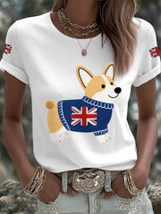 Women's Cute Corgi Union Jack Print Casual Tee