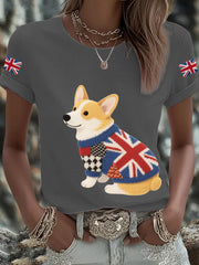 Women's UK Flag Corgi Printed T-shirt