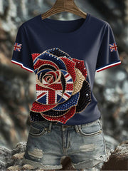Women's British imitation diamond hot-drilling Printed Iron On Short Sleeve T-Shirt