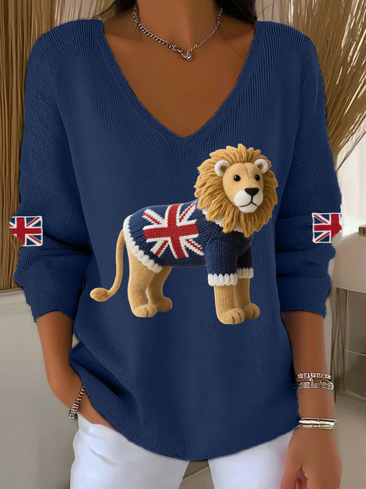 Women's Union Jack Lion Print Casual Long-Sleeve Top