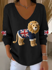 Women's Union Jack Lion Print Casual Long-Sleeve Top