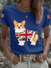 Women's Cute Corgi Union Jack Print Casual Tee