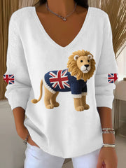 Women's Union Jack Lion Print Casual Long-Sleeve Top