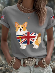 Women's Cute Corgi Union Jack Print Casual Tee