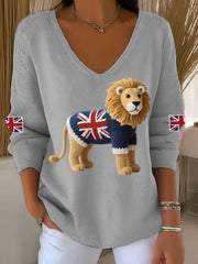Women's Union Jack Lion Print Casual Long-Sleeve Top