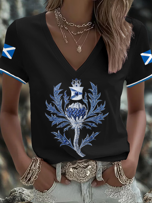 Women's Scotland Flag Art Thistle Printed T-shirt